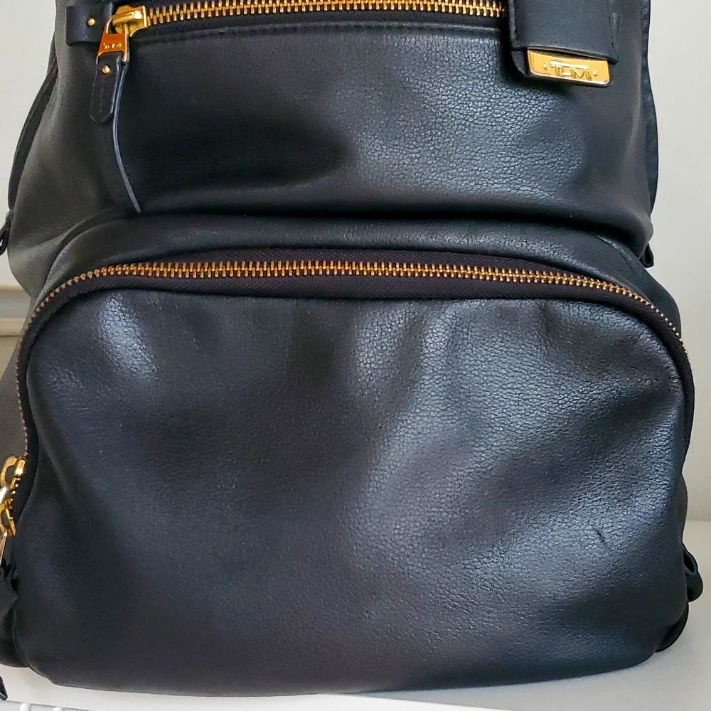 Tumi Voyageur Halle Black Leather Backpack with Gold Hardware